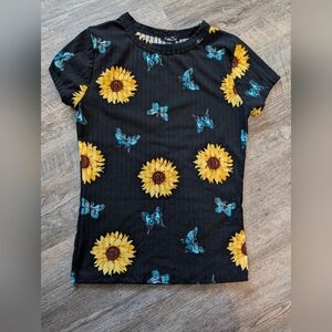 Black Sunflower and Butterfly Print Top